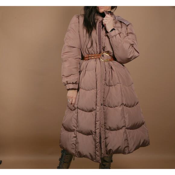 Vintage Beige Down Puffer Long Coat Jacket Quilted Leather Belt Warm Size L - Picture 1 of 12